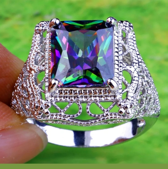 New Emerald Cut Mystic Topaz Silver Statement Ring. - Picture 5 of 16